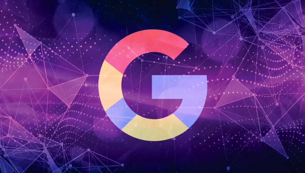 Logo de Google en couleurs vives sur fond violet avec des motifs de points et de lignes connectées, évoquant la technologie.
