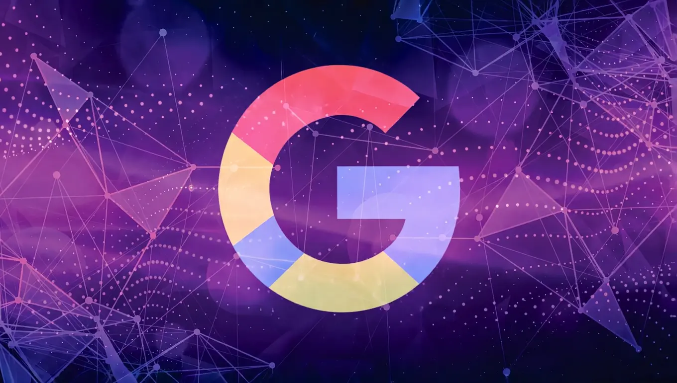 Logo de Google en couleurs vives sur fond violet avec des motifs de points et de lignes connectées, évoquant la technologie.