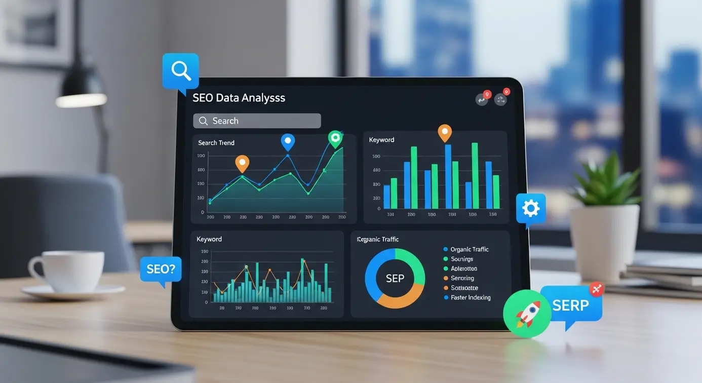 Une personne utilisant un ordinateur portable avec des graphiques et des icônes représentant l'optimisation du contenu pour la recherche locale et mobile.