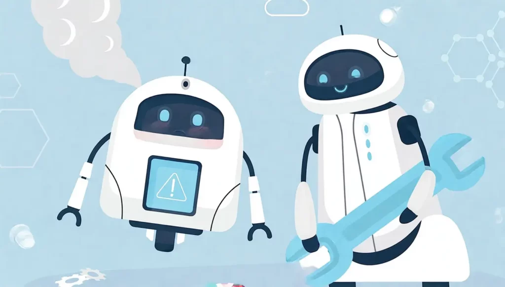 Deux robots stylisés interagissent dans un environnement futuriste, l'un tenant une clé à molette.