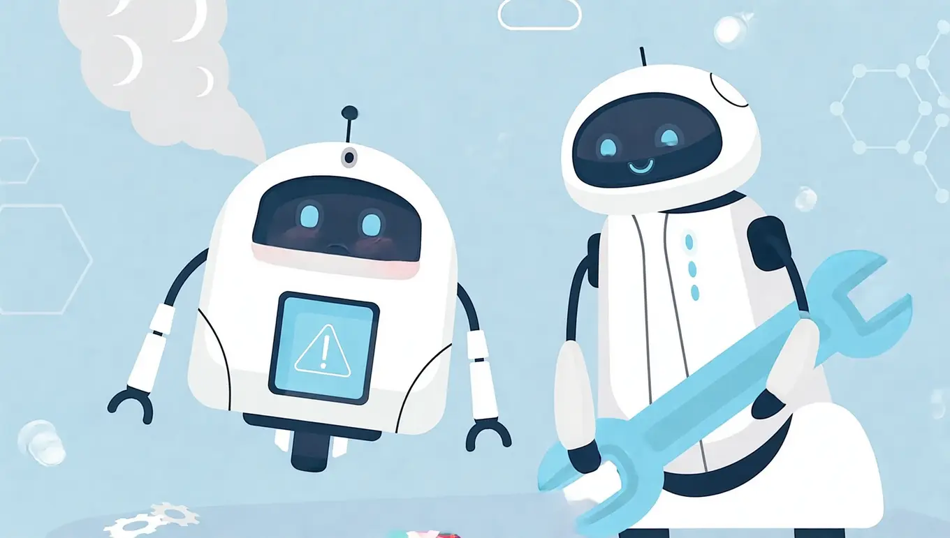 Deux robots stylisés interagissent dans un environnement futuriste, l'un tenant une clé à molette.