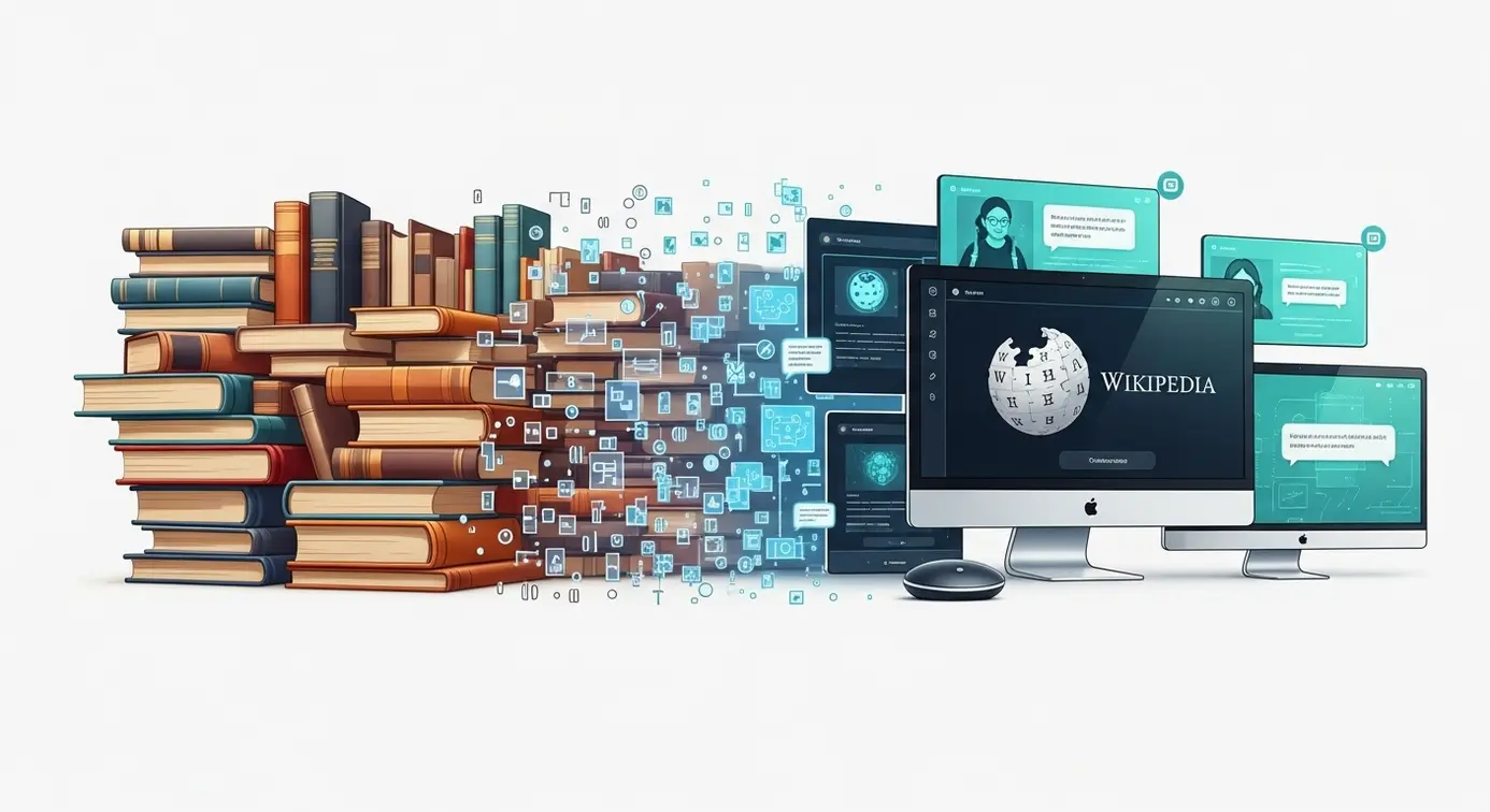 Une illustration représentant la transition de livres physiques vers des écrans numériques et des assistants virtuels, symbolisant la croissance de Wikipedia dans le contexte de l'intelligence artificielle.