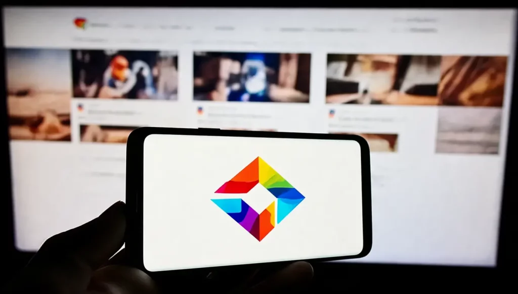 Logo coloré sur un smartphone avec un écran d'ordinateur flou en arrière-plan.
