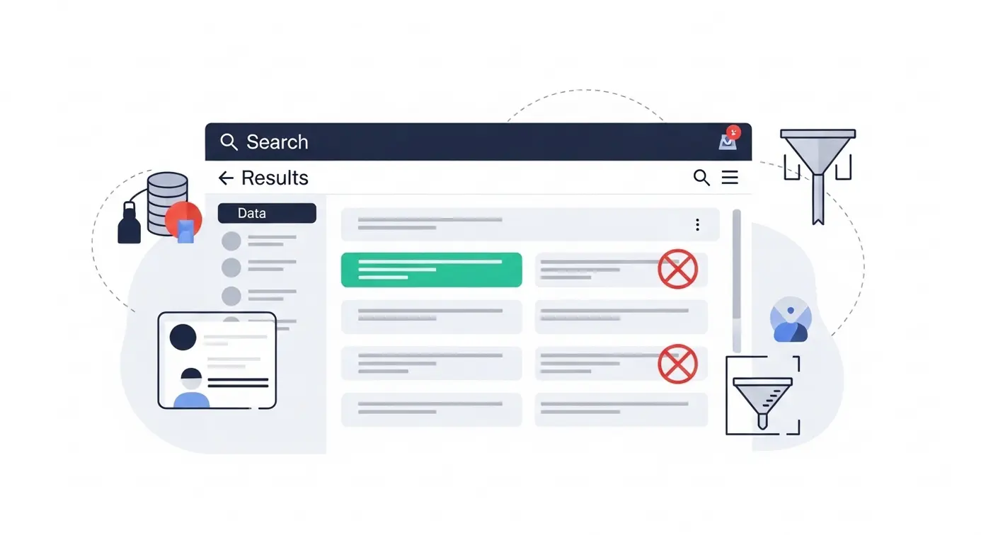 Une interface de recherche montrant des résultats filtrés ou exclus, illustrant la gestion des extraits avec des éléments graphiques pour représenter la pratique du data-nosnippet.