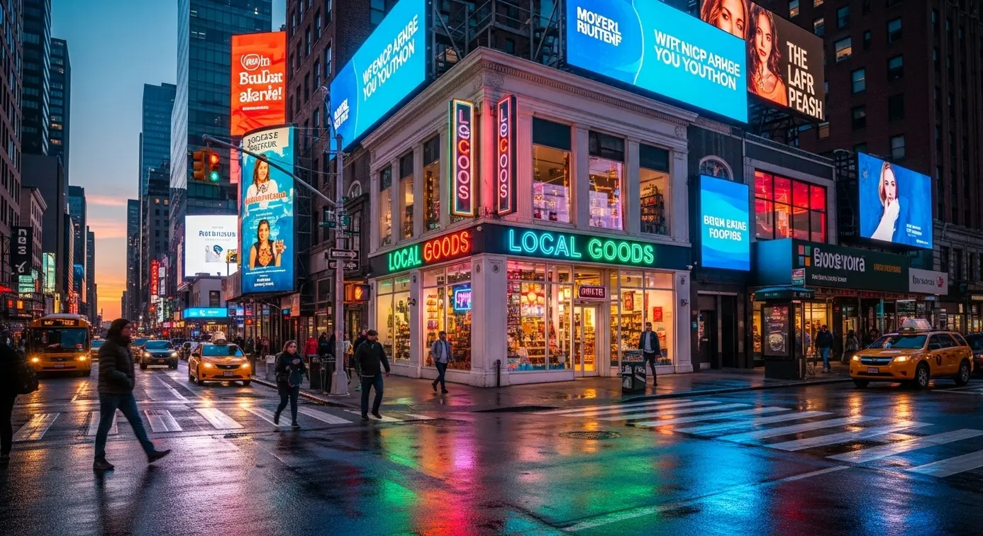 Une boutique locale bien visible dans une rue urbaine avec des affichages lumineux et des panneaux de signalisation modernes.