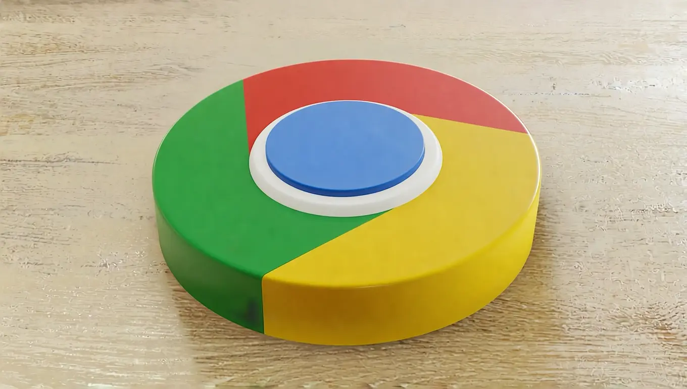 Objet décoratif rond aux couleurs de Chrome : rouge, vert, jaune et bleu, sur une surface en bois naturel.