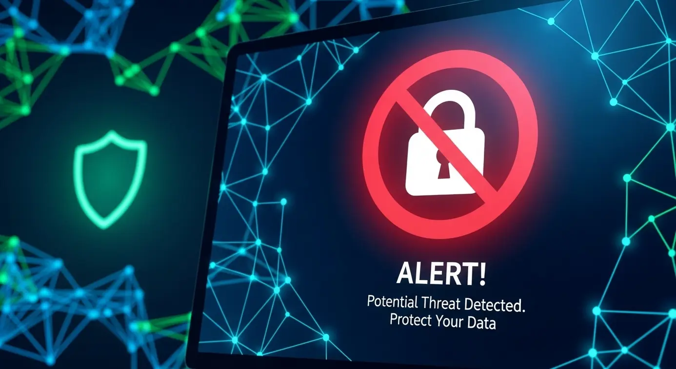 Un écran d'ordinateur montrant une alerte de sécurité avec un cadenas barré, évoquant la protection en ligne.