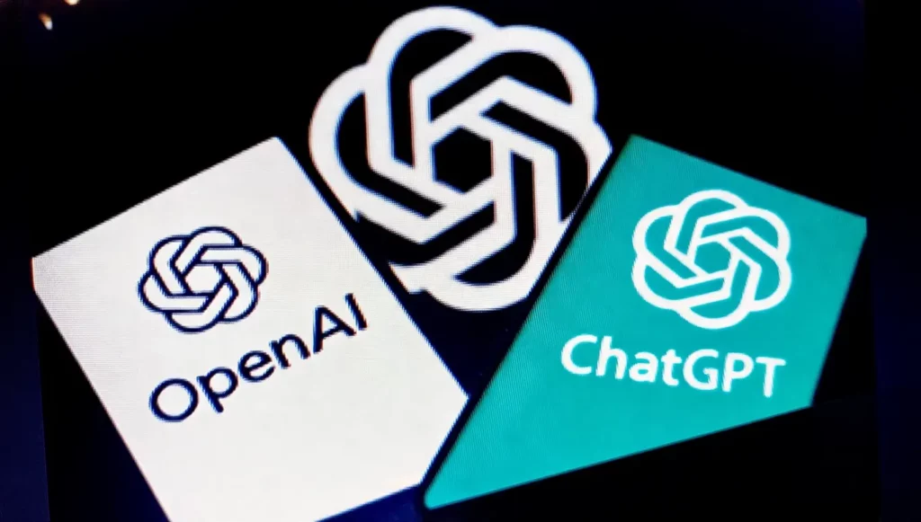 Logos d'OpenAI et ChatGPT sur fond sombre, représentant des technologies d'intelligence artificielle innovantes.