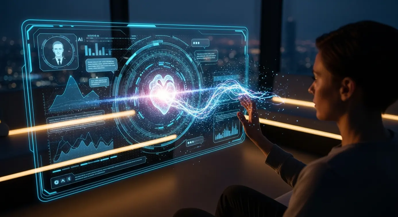 Une personne interagit avec une intelligence artificielle à travers un hologramme, symbolisant la relation émotionnelle potentielle entre l'humain et l'IA dans le futur.