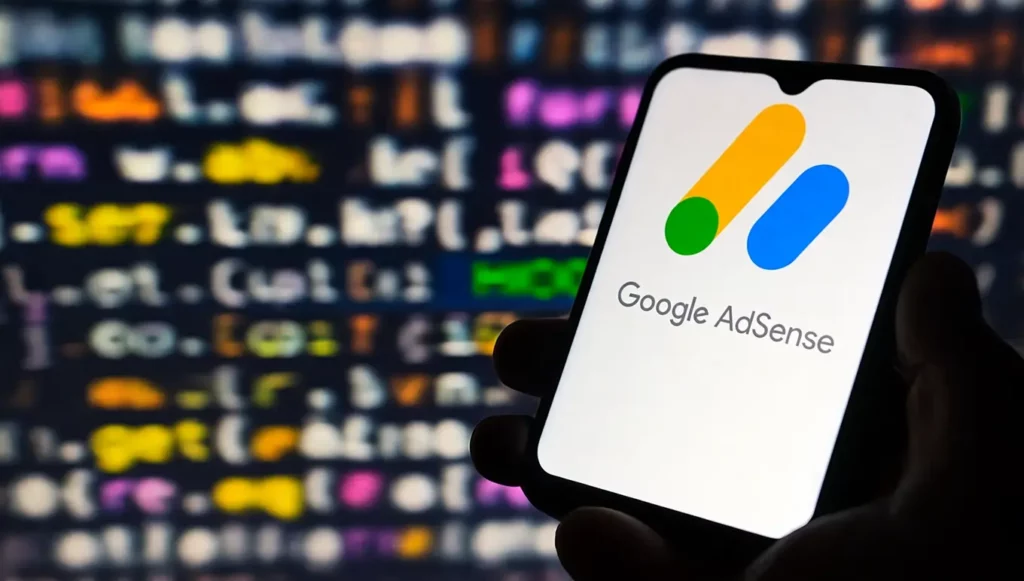Logo de Google AdSense affiché sur un smartphone avec un fond flou de code couleur.