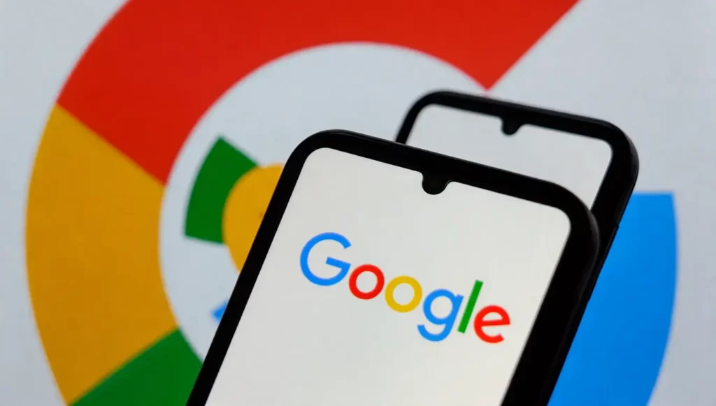 Écrans de smartphone affichant le logo Google, avec un fond coloré inspiré du design de l'entreprise.