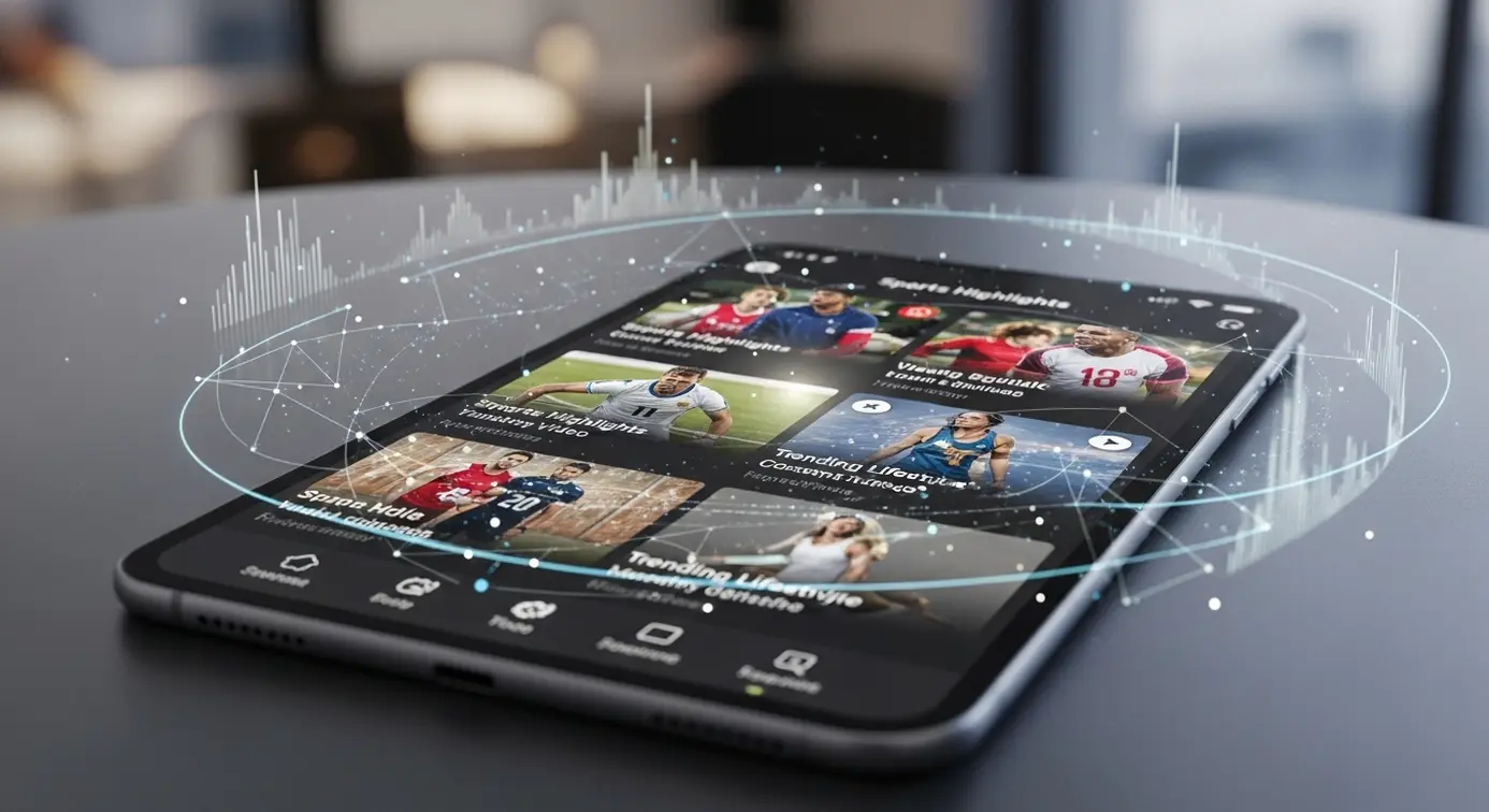 Un appareil numérique affichant un flux d'images de sports et de mode, évoquant la découverte de contenus tendance grâce à l'intelligence artificielle.