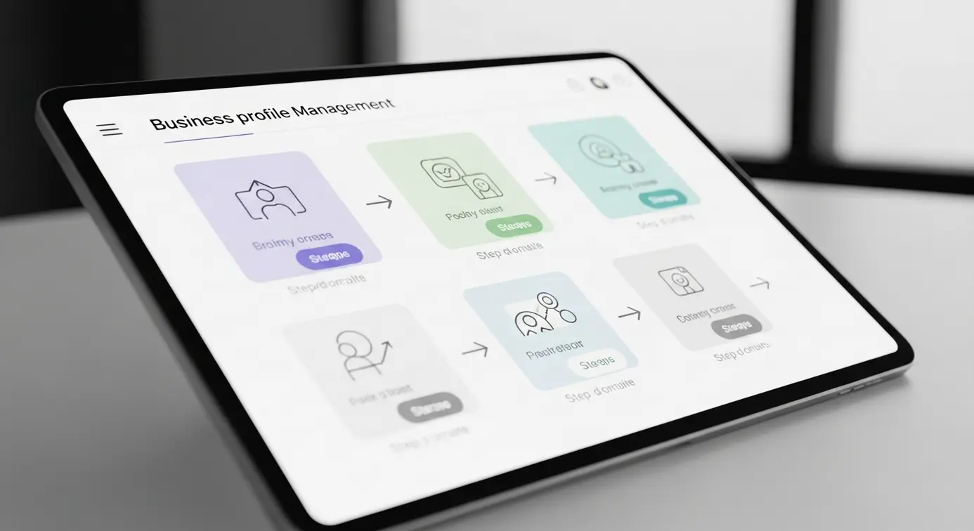Une personne utilisant un ordinateur pour suivre un processus étape par étape dans la gestion d'un profil d'entreprise en ligne.