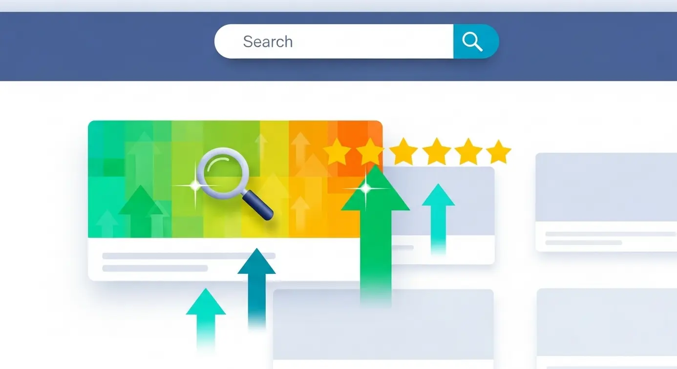 Une représentation graphique d'une recherche en ligne avec un résultat en tête, mettant en avant la visibilité et la qualité du contenu pour un meilleur positionnement.