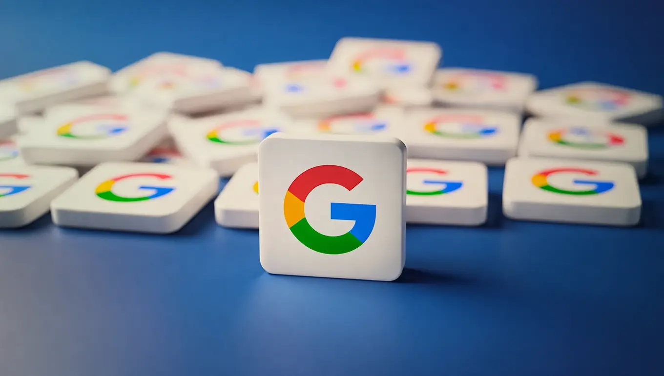 Logo de Google en relief sur un fond bleu, entouré de plusieurs autres logos similaires en arrière-plan.