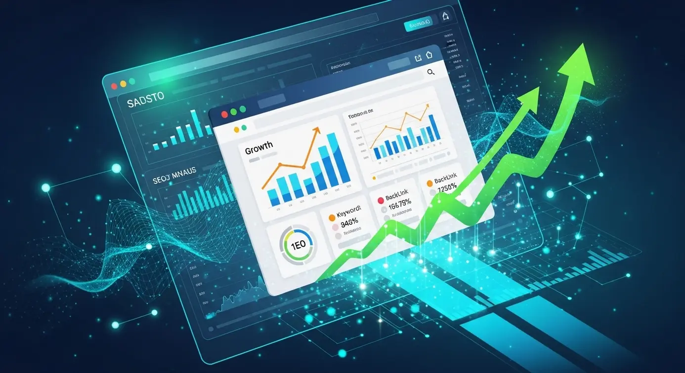 Une scène montrant des graphiques et des indicateurs SEO sur un écran d'ordinateur, symbolisant l'évolution des rapports et leur impact dans le domaine du référencement.