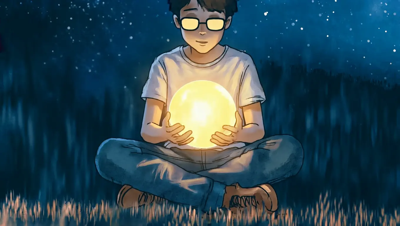 Un jeune garçon aux lunettes tient une sphère lumineuse dans un paysage nocturne étoilé.