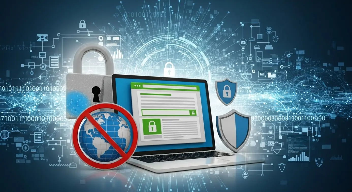 Une image représentant un ordinateur portable avec une page web bloquée par des icônes de sécurité et d'interdiction, symbolisant la protection de l'accès au site.