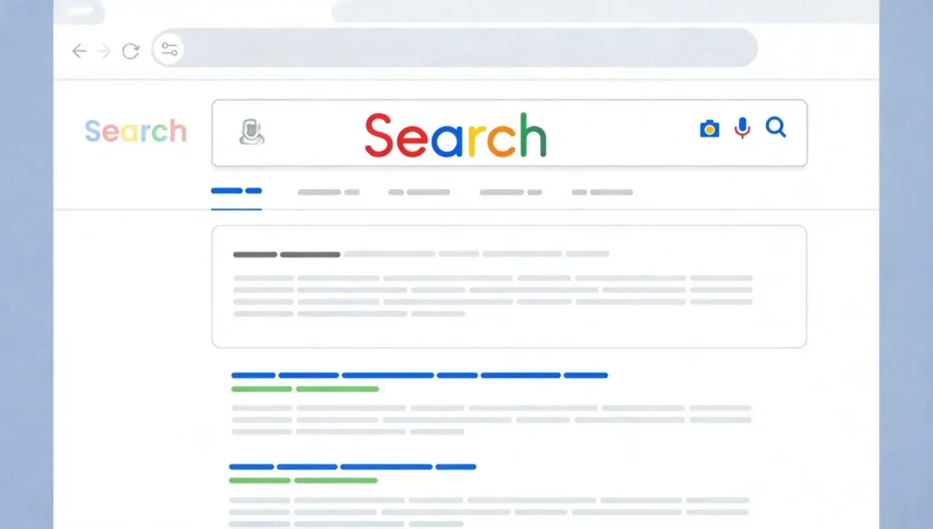 Interface de moteur de recherche avec logo coloré et résultats de recherche organisés en lignes et paragraphes.