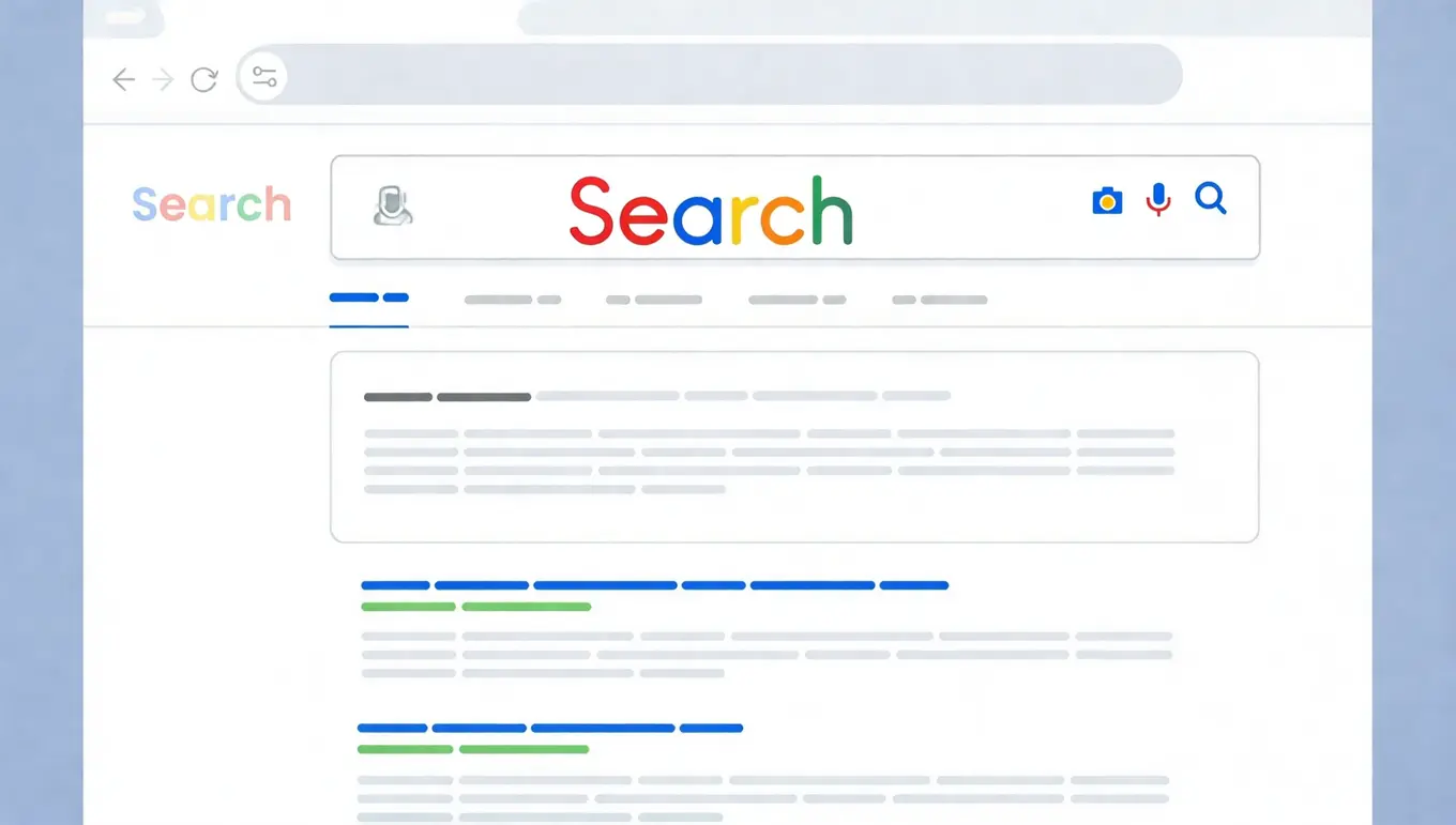 Interface de moteur de recherche avec logo coloré et résultats de recherche organisés en lignes et paragraphes.