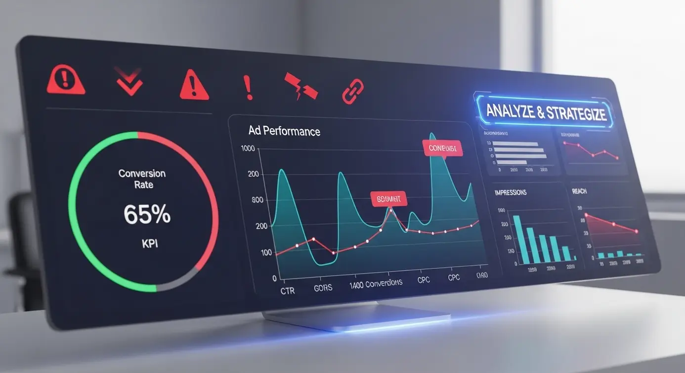Un tableau de bord numérique affichant des graphiques et des icônes d’alerte pour représenter l’analyse et les stratégies face aux effets visibles des annonces en ligne.