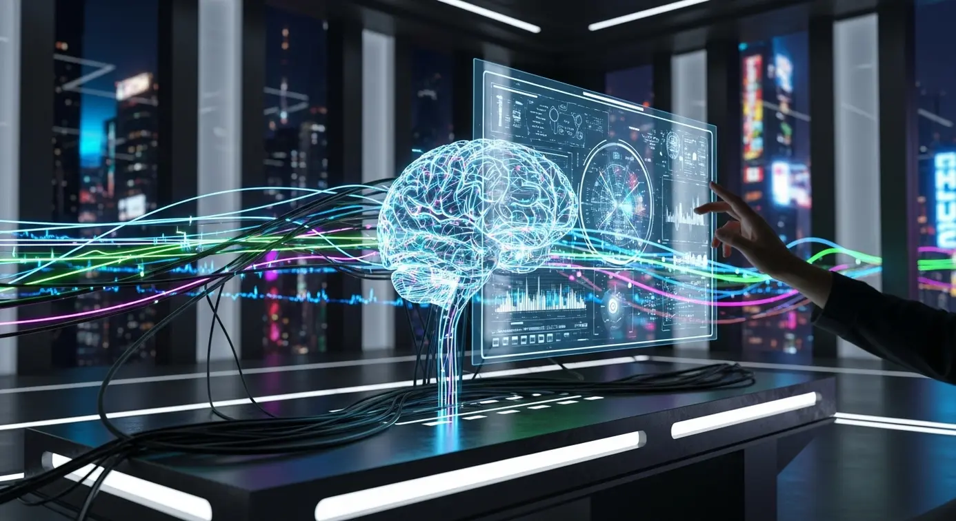 Une intelligence artificielle représentée par un cerveau numérique connecté à un réseau lumineux, illustrant la communication conversationnelle et la découverte intelligente dans un environnement technologique moderne.