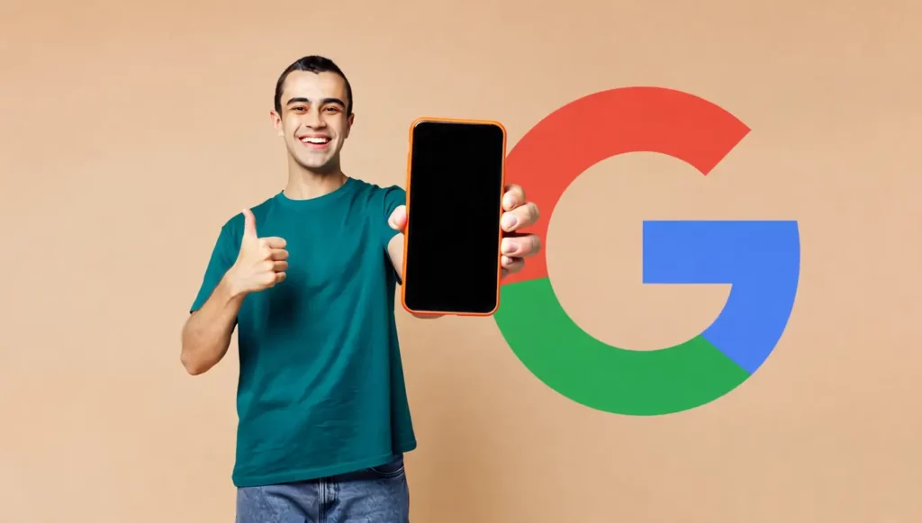 Homme souriant montrant un smartphone avec le logo Google en arrière-plan, illustration de la technologie moderne.