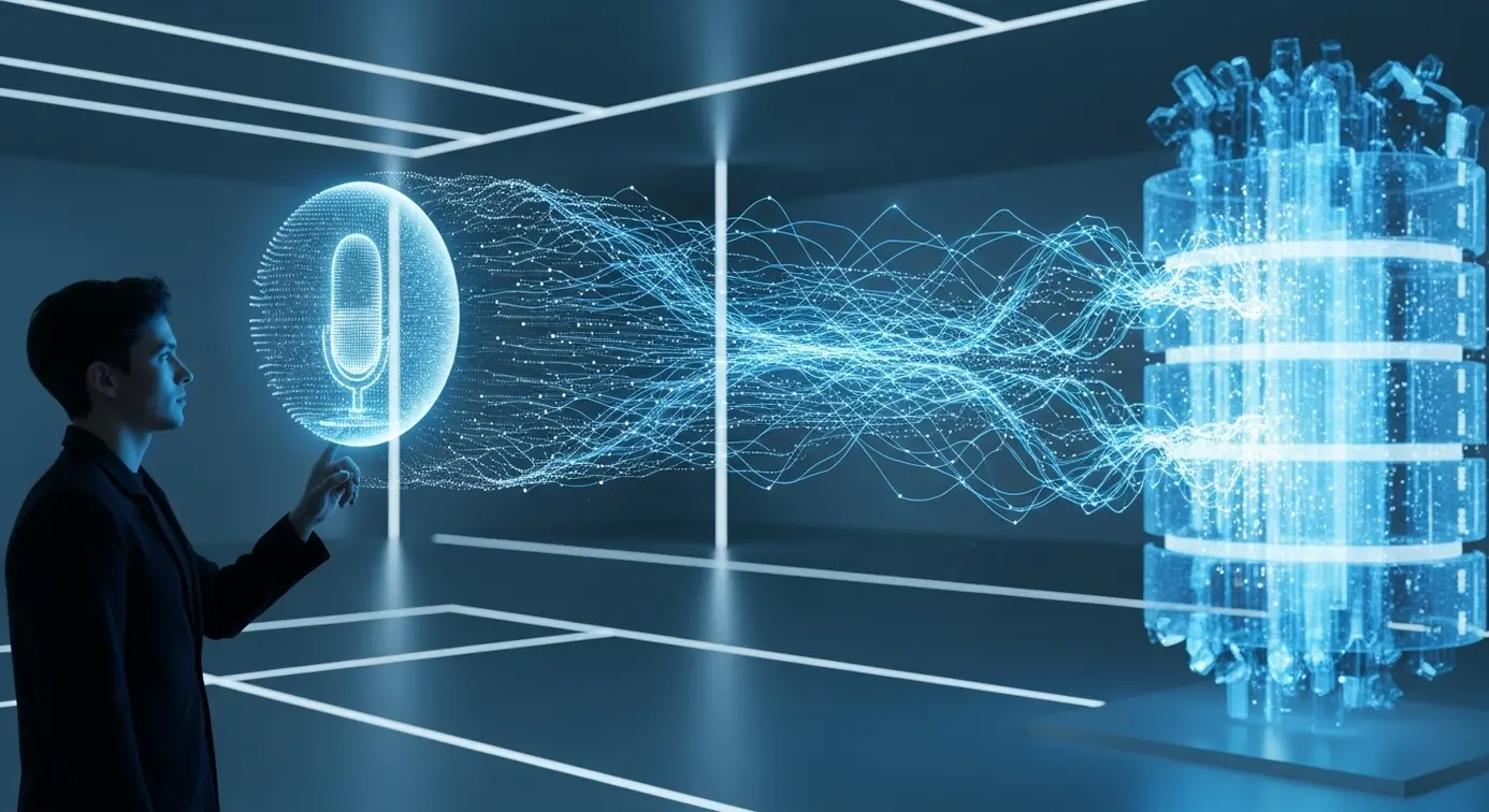 Une personne utilisant la voix pour interagir avec une interface numérique, avec des flux de données symbolisant la recherche vocale et la récupération d’informations.