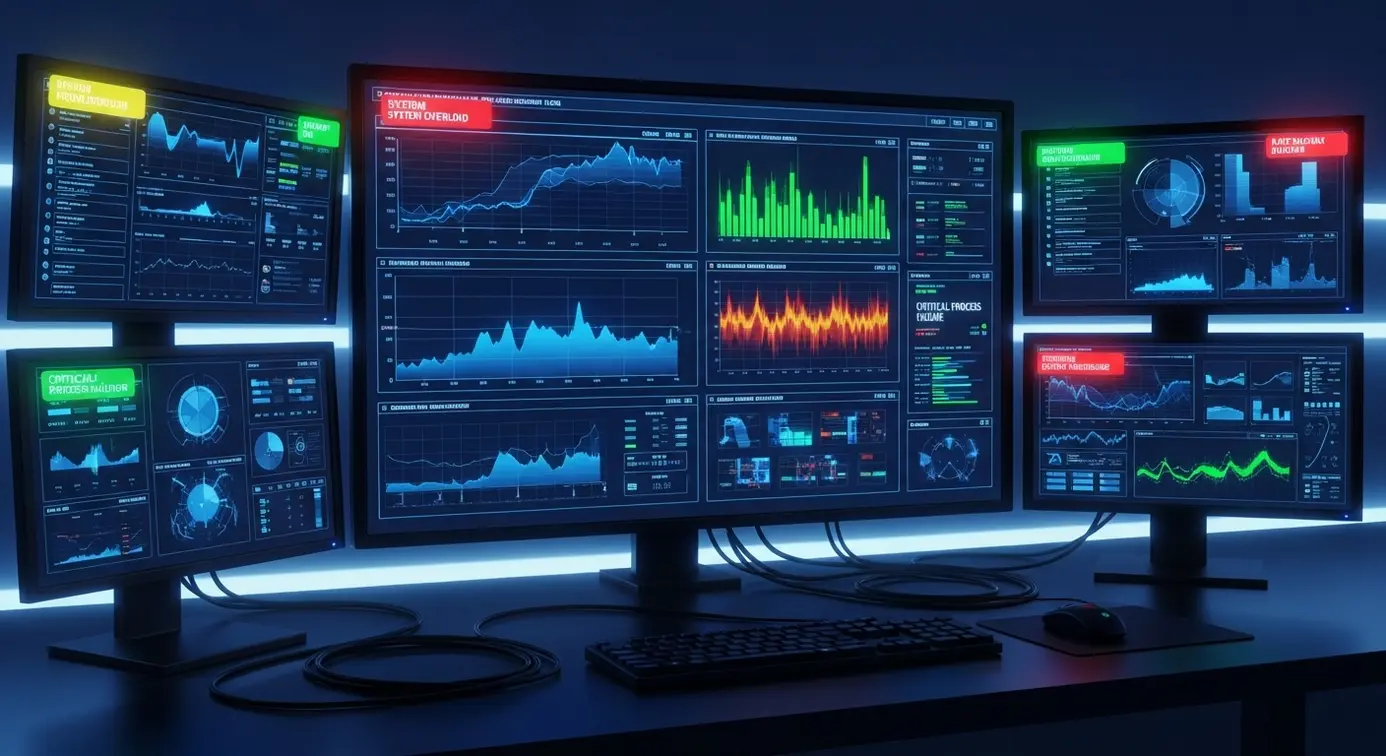 Un tableau de bord numérique avec des graphiques en temps réel et des indicateurs de performance montrant la surveillance d'une situation technique.