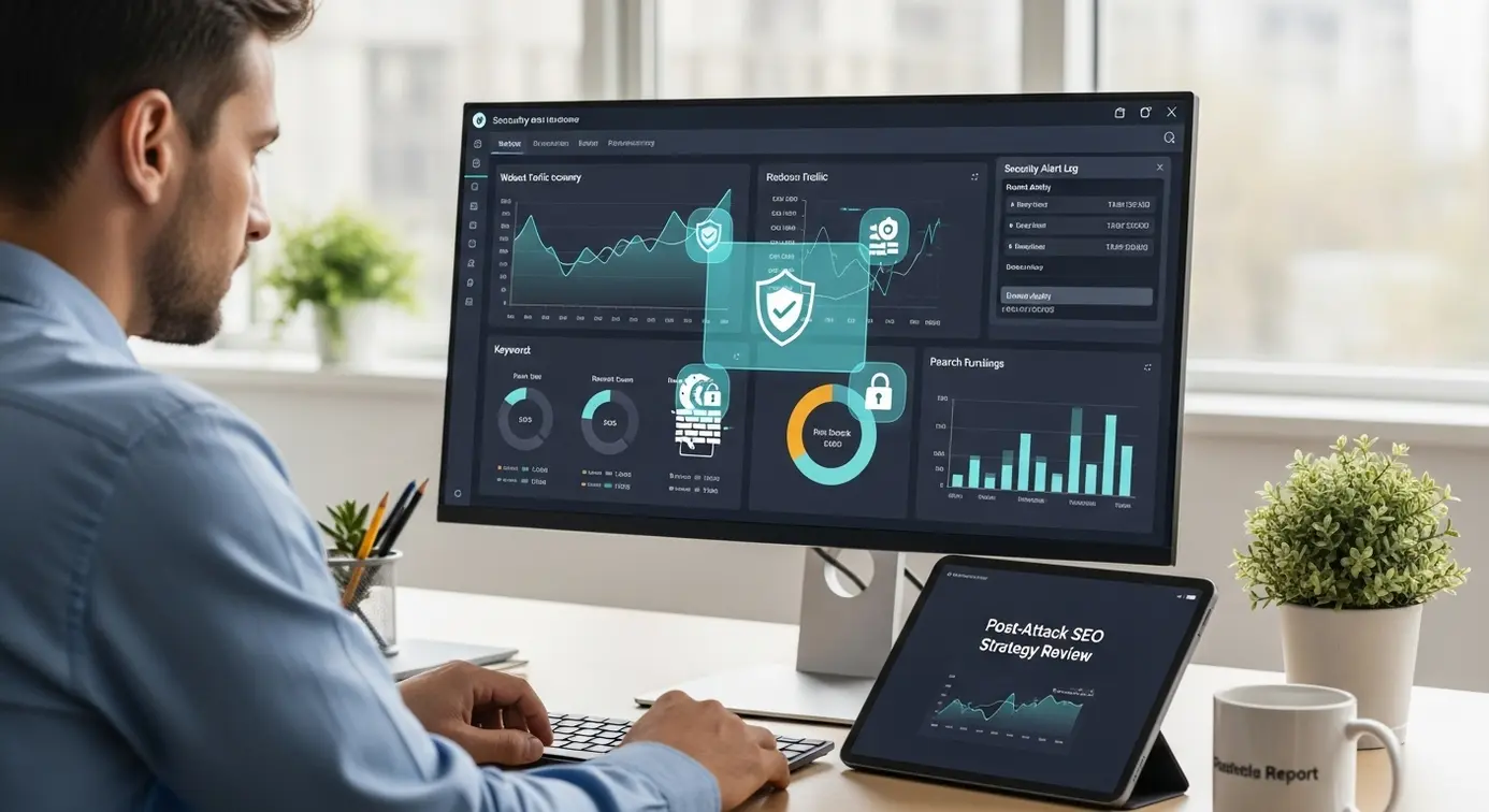 Un expert en référencement travaillant sur un ordinateur avec des graphiques de performance et des icônes de sécurité, symbolisant la gestion post-hacking du référencement à long terme.
