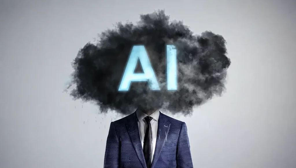 Homme en costume avec une tête en nuage sombre portant les lettres "AI", symbolisant l'intelligence artificielle.