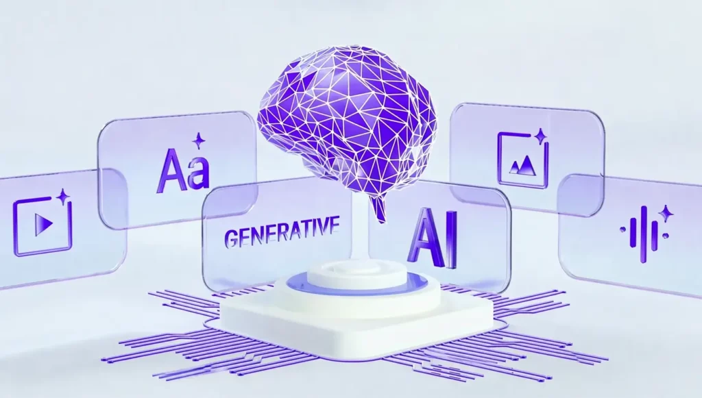 Cerveau en relief violet entouré d'icônes d'intelligence artificielle et de contenu génératif, sur fond minimaliste.