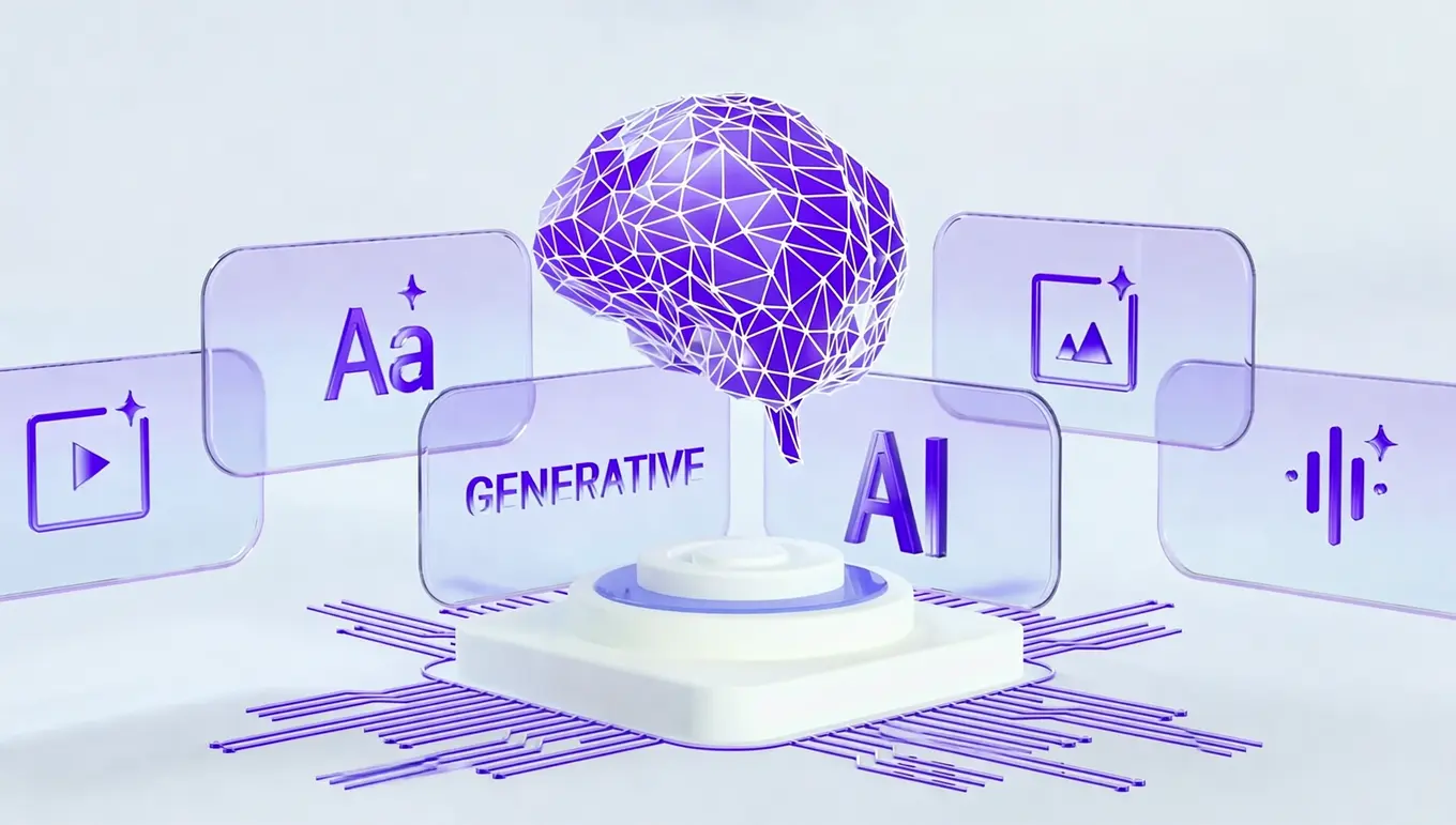 Cerveau en relief violet entouré d'icônes d'intelligence artificielle et de contenu génératif, sur fond minimaliste.