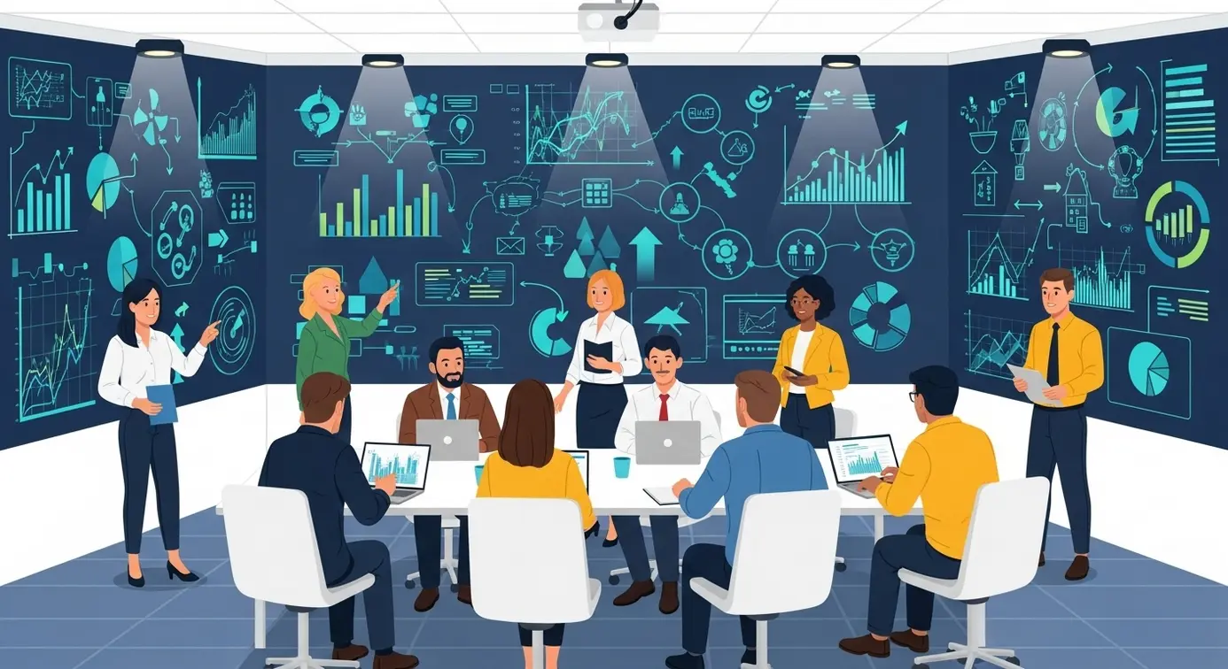 Un groupe de personnes en réunion analysant des graphiques et diagrammes pour prendre des décisions stratégiques.
