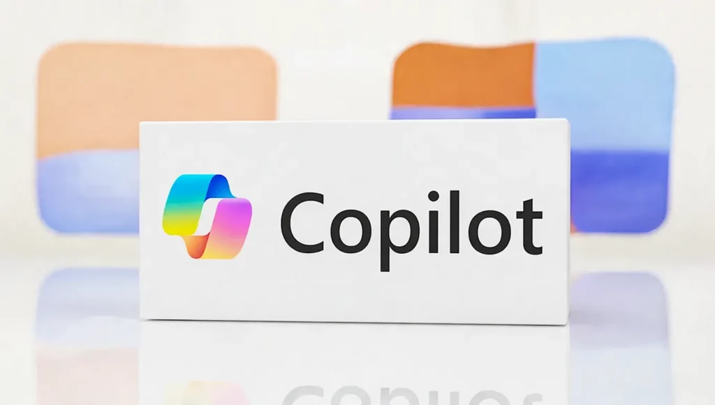 Logo de Copilot sur un fond clair avec des formes géométriques colorées en arrière-plan, symbolisant la technologie.