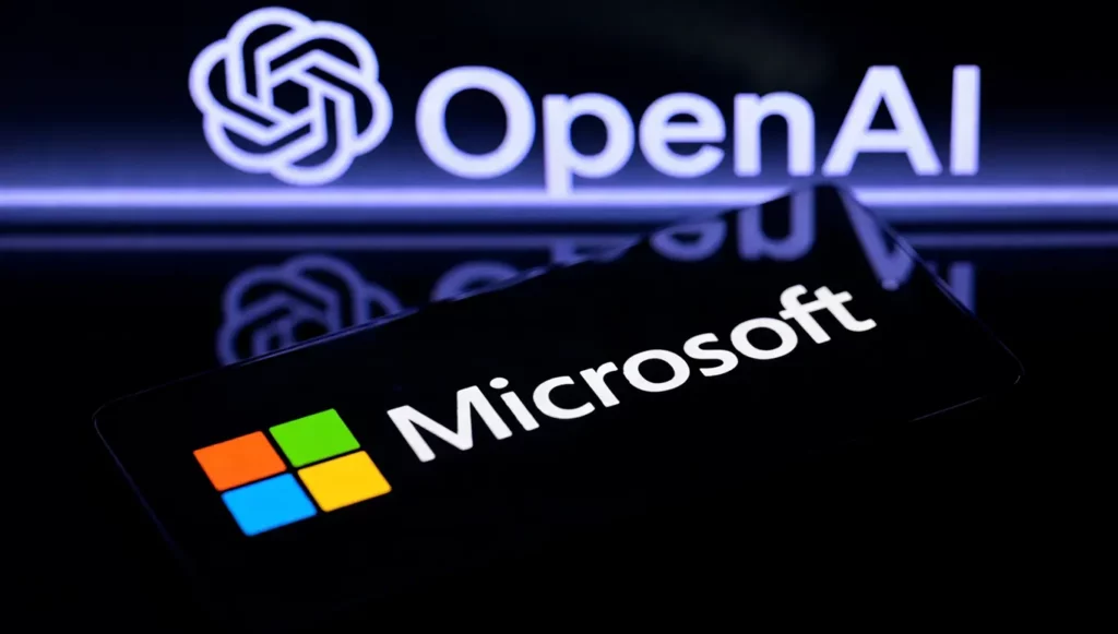 Logos de Microsoft et OpenAI sur un fond sombre, illustrant la collaboration technologique entre les deux entreprises.