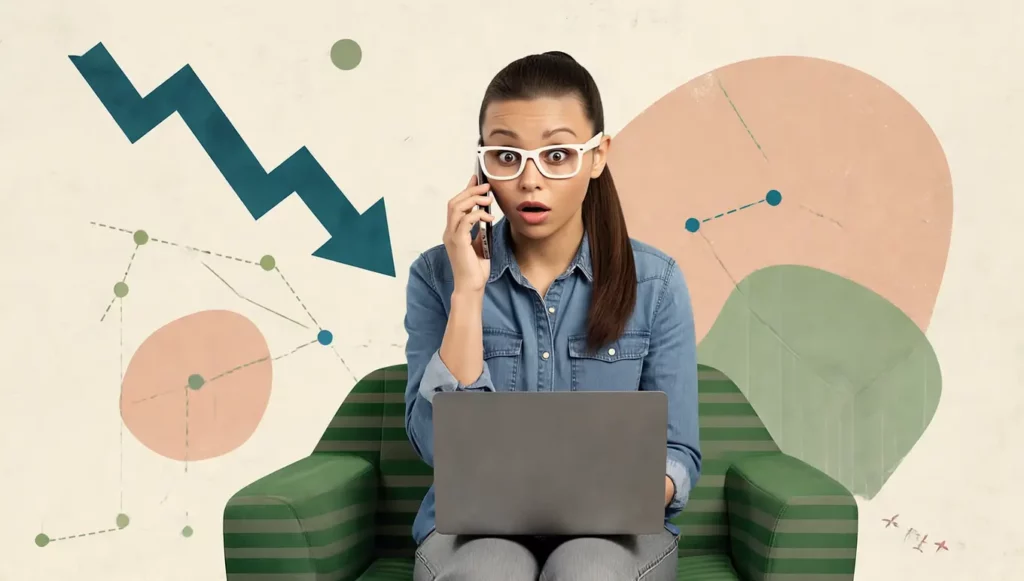 Femme surprise au téléphone avec un ordinateur portable sur un canapé, fond graphique de flèches et formes colorées.