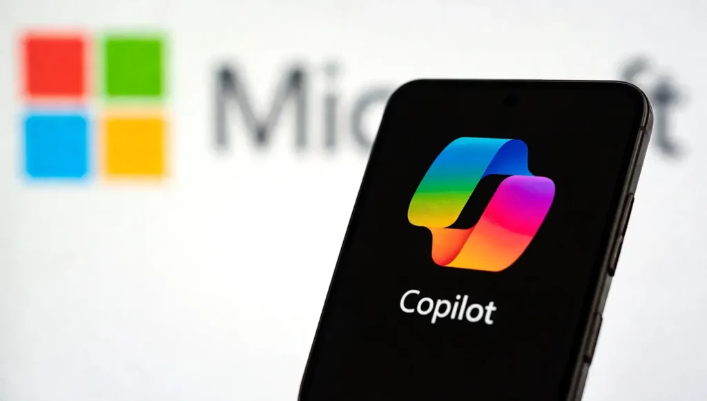 Logo de Microsoft Copilot sur un smartphone, avec arrière-plan flou évoquant l'innovation technologique.
