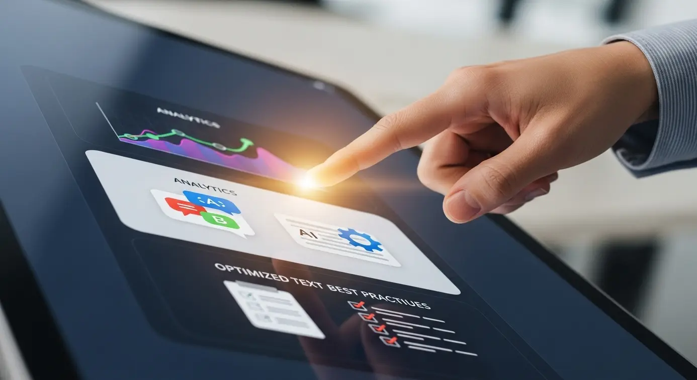 Une main pointant vers un écran numérique affichant des icônes liées à l'optimisation de contenu et aux bonnes pratiques.