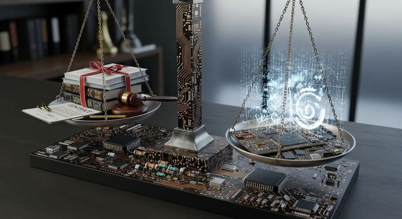 Une balance de la justice entourée d'icônes technologiques et de documents légaux pour illustrer les enjeux juridiques et techniques liés à un litige.