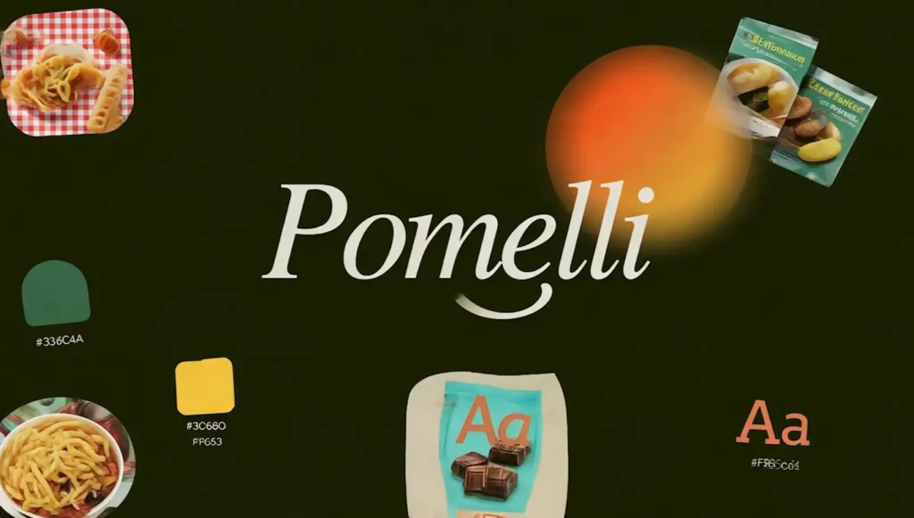 Visuel coloré avec le texte "Pomelli", des images de nourriture et des échantillons de couleurs dans un design moderne.