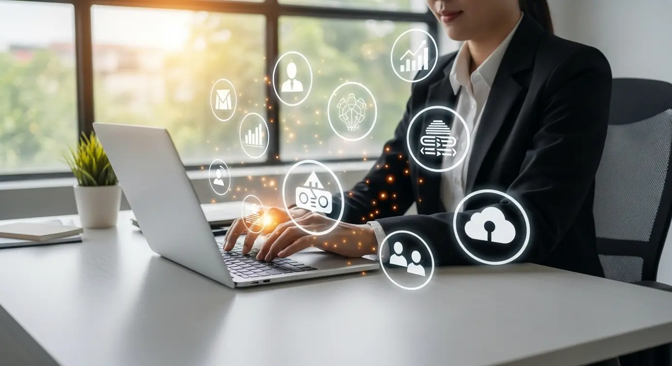 Une petite entreprise utilisant un ordinateur portable avec des icônes de marketing et d'intelligence artificielle pour représenter l'aide aux PME sans ressources internes.