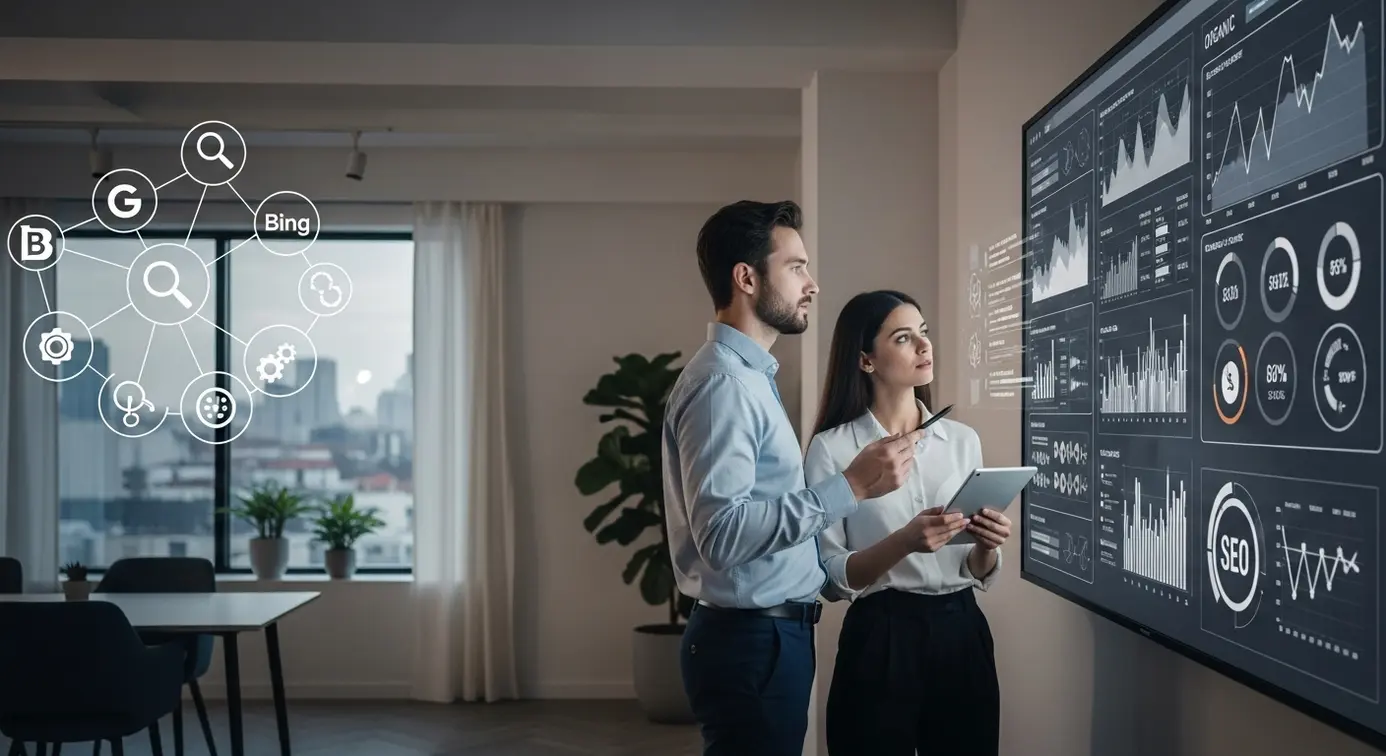 Deux spécialistes du référencement analysant des données digitales sur un grand écran dans un environnement de bureau professionnel.