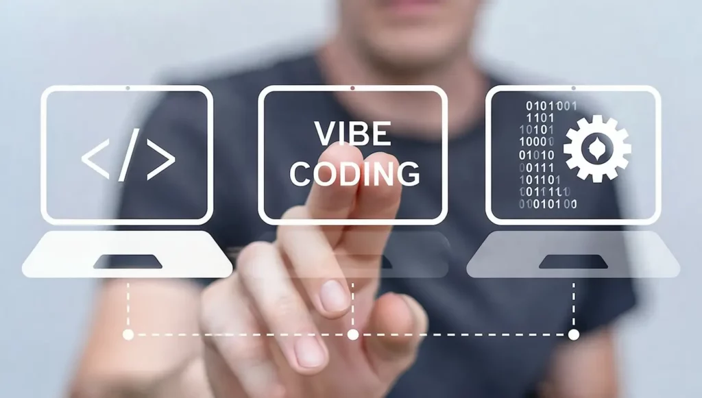 Un homme touche un écran interactif affichant des codes de programmation et le texte "VIBE CODING".
