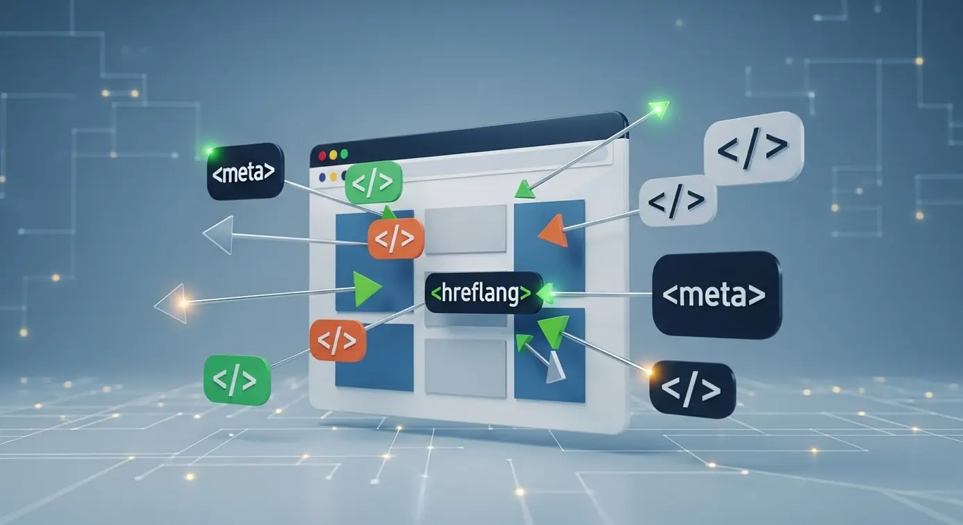 Une scène montrant des icônes de balises HTML flottant autour d'une page web, illustrant leur utilisation pour le référencement et la localisation des sites.
