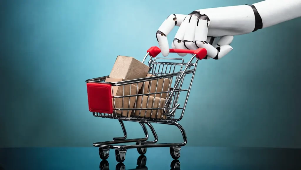 Main robotique tenant un chariot de courses rempli de paquets sur fond bleu.
