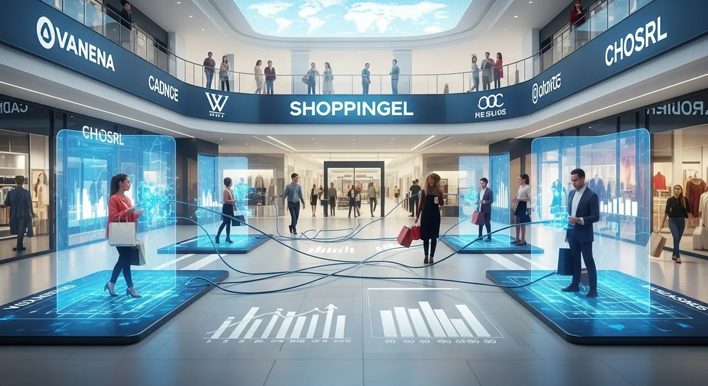 Une représentation visuelle d’un environnement de commerce numérique avec des acheteurs utilisant des appareils connectés, symbolisant les enjeux pour les magasins et les marques.