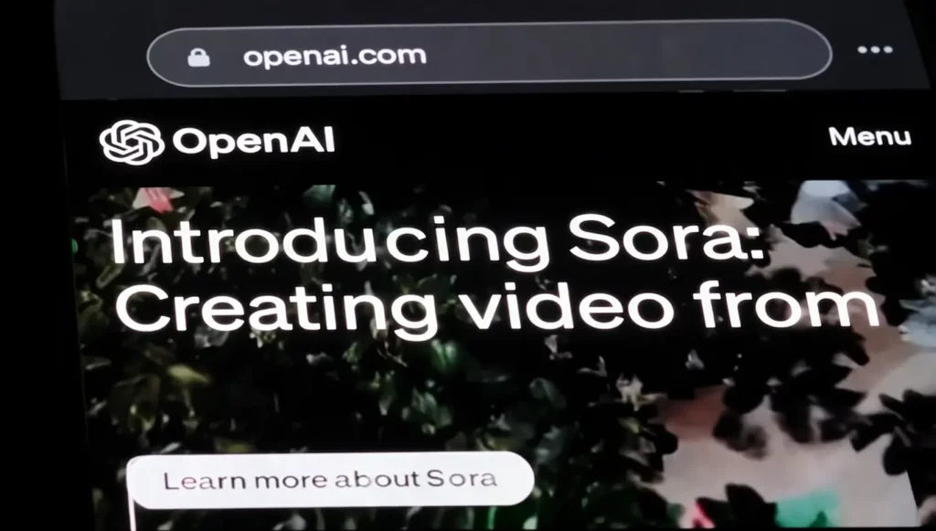 OpenAI présente Sora : création de vidéos à partir d'images, avec un aperçu du site web.