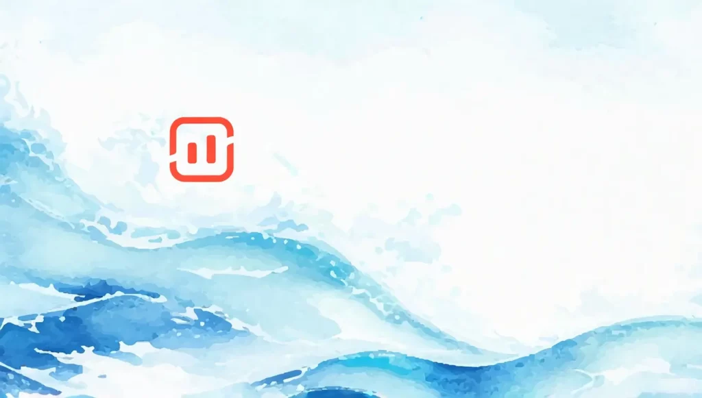 Vagues stylisées en bleu avec un logo rouge, créant une atmosphère apaisante et moderne.