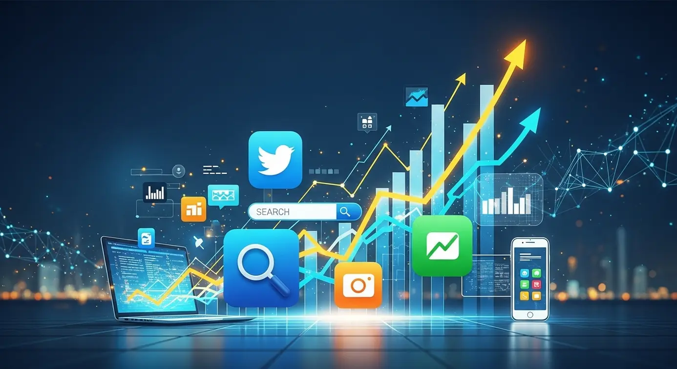 Une illustration de graphiques en croissance avec des icônes numériques représentant le marketing digital, symbolisant l'influence d'une acquisition sur le marché.